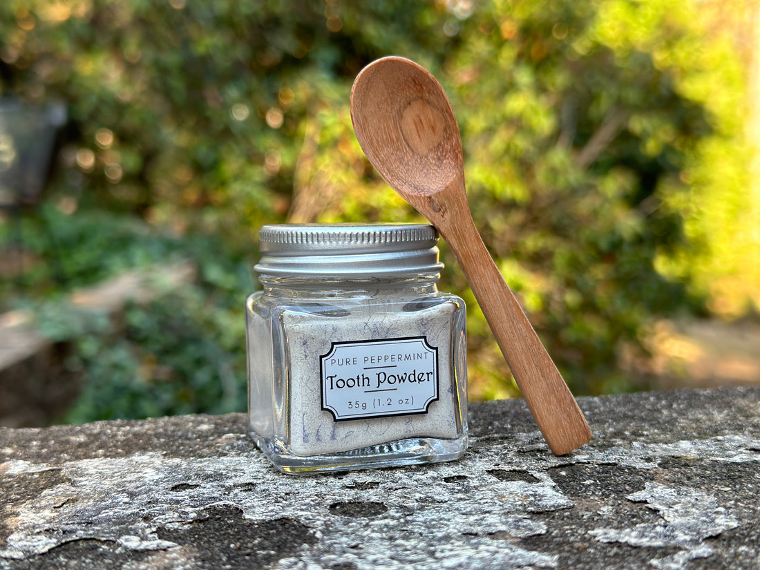 Small Tooth Powder Jar Accompanied By Small Wooden Spoon