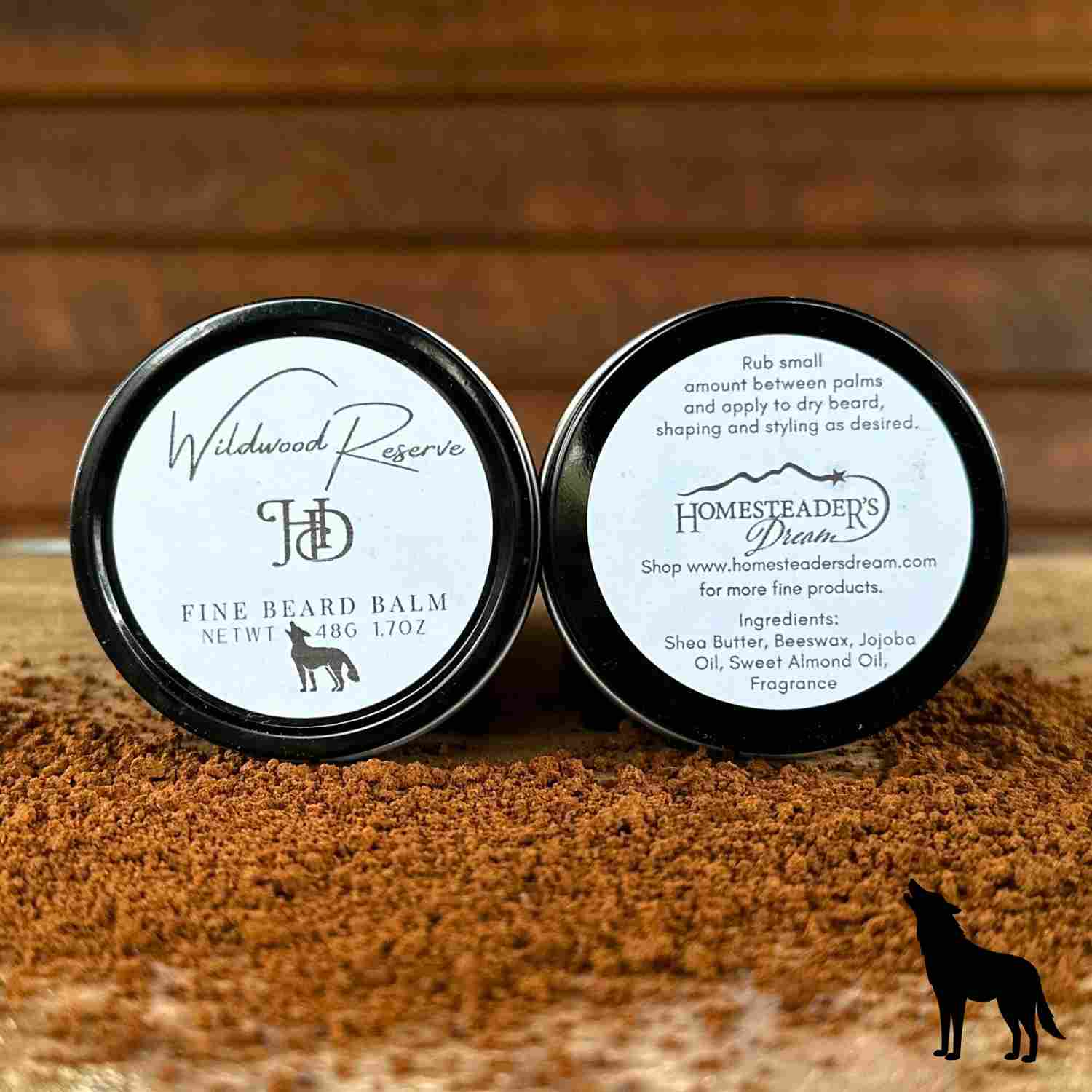 Front and Back View of Wildwood Reserve Beard Balm 2oz by volume stainless tin