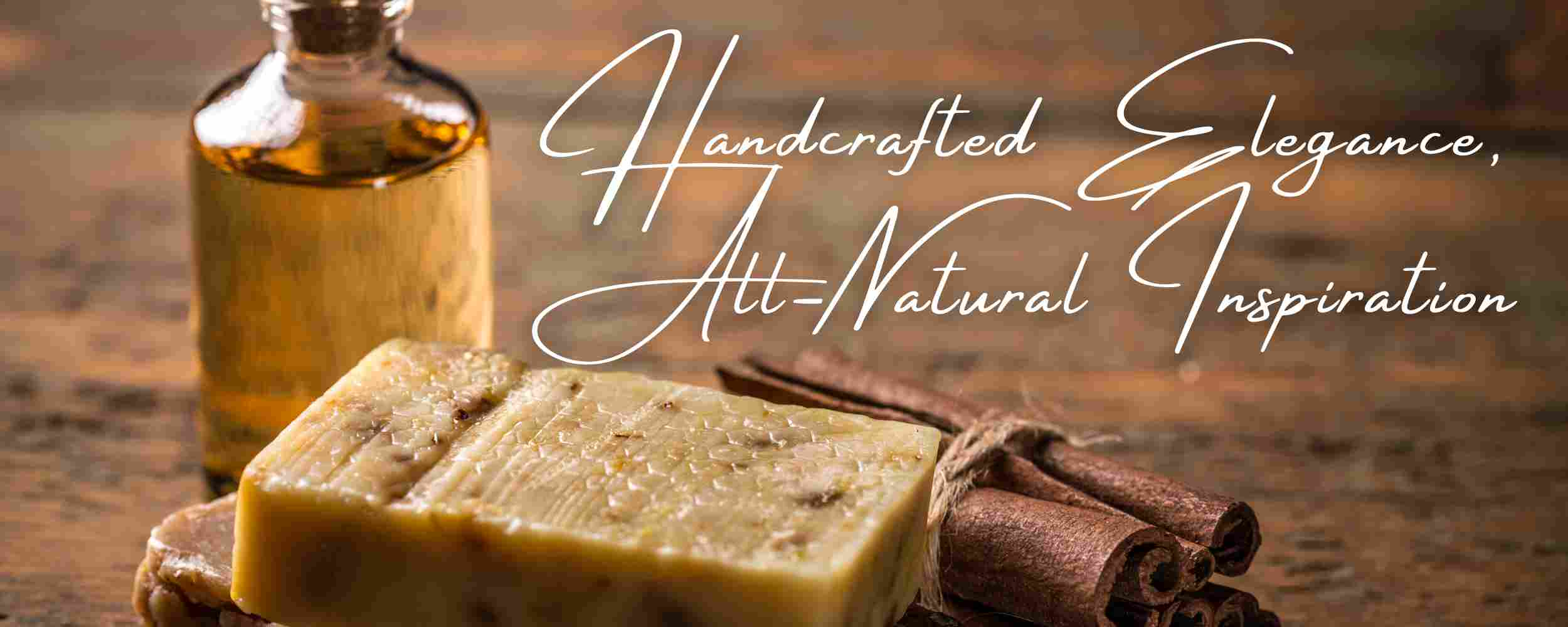 Handcrafted Elegance, All-Natural Inspiration with Rustic Table, Cinnamon Sticks, Bar of Soap and Glass Bottle