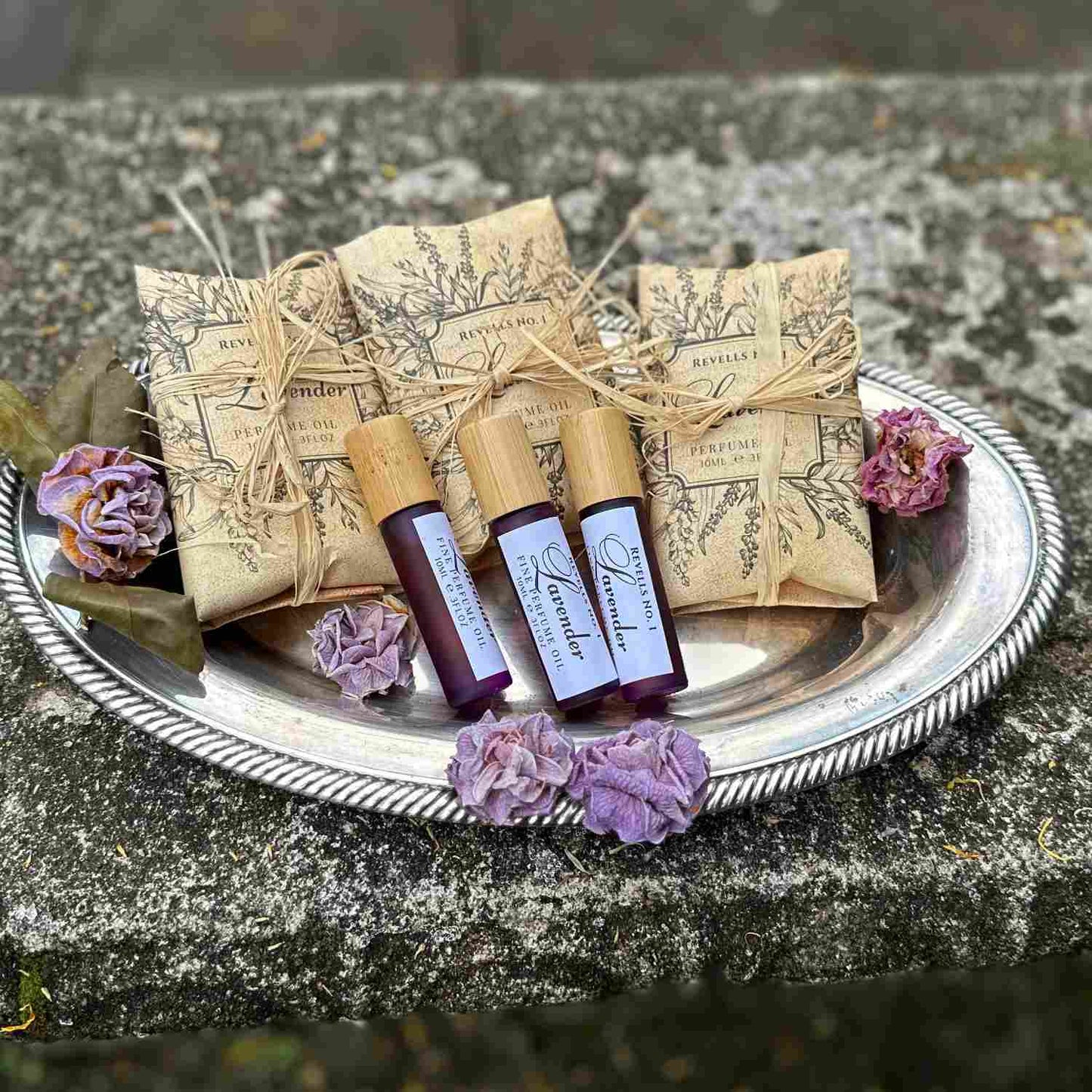 Lavender 10ml Perfume Oil with elegant parchment packaging with raffia bows