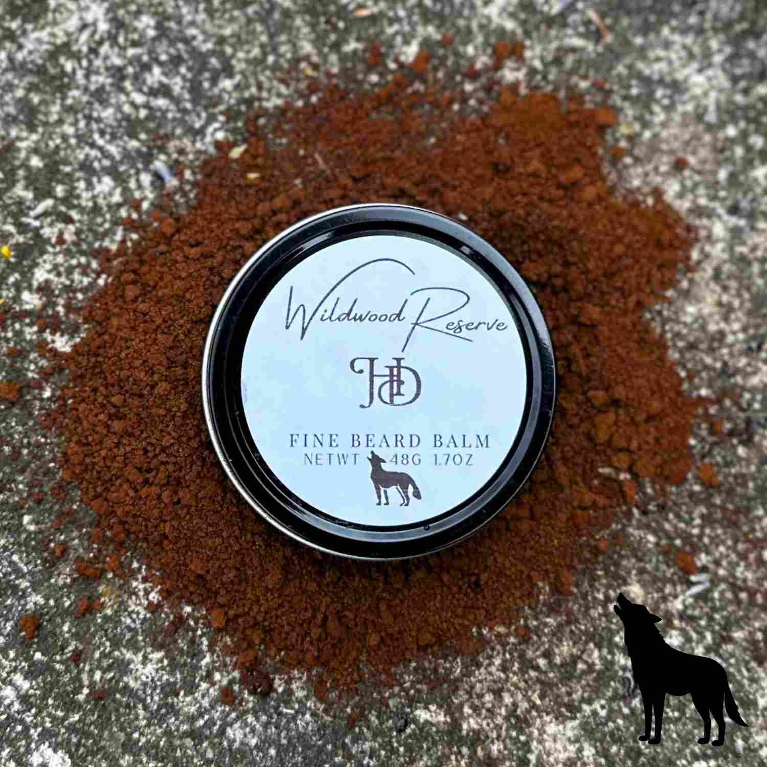 Wildwood Reserve Fine Beard Balm on bench with coffee grounds sprinkle around