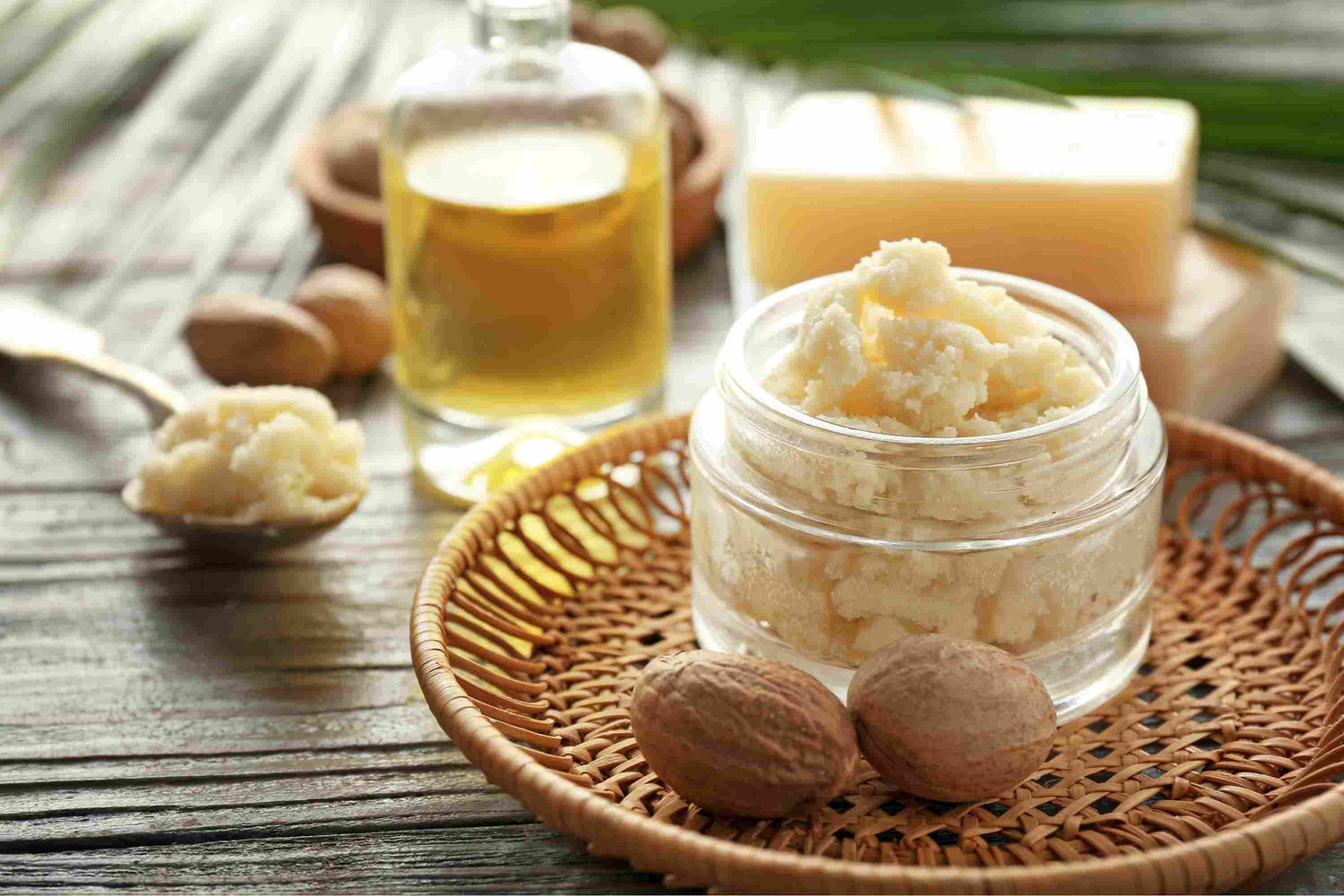 Table covered with natural and whole nut butters and organic oils