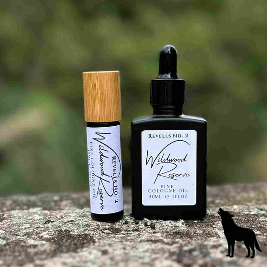 Wildwood Reserve comes in 2 sizes, 10ml and 30ml, photo compares both sizes on stone bench