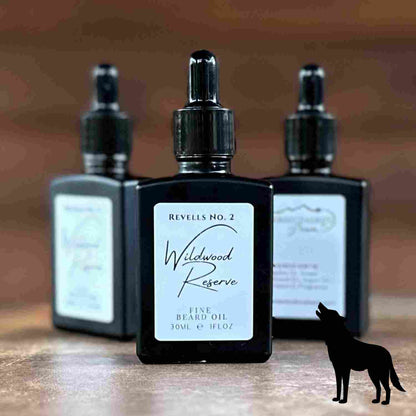 Wildwood Reserve Beard Oil 1 oz, Revells No. 2, in a black glass dropper bottle