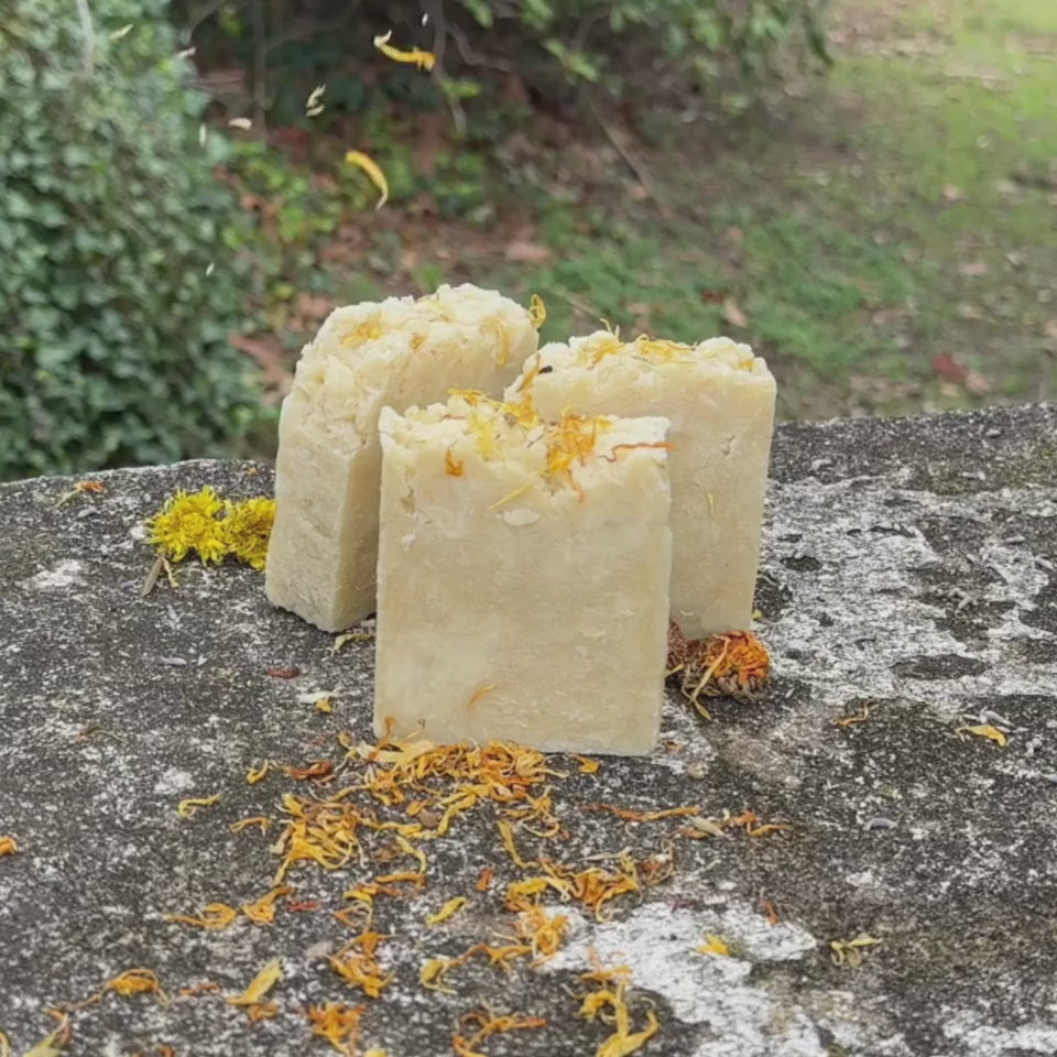 Orange flower petals sprinkling over Flora Shea Soap on stone bench in nature setting